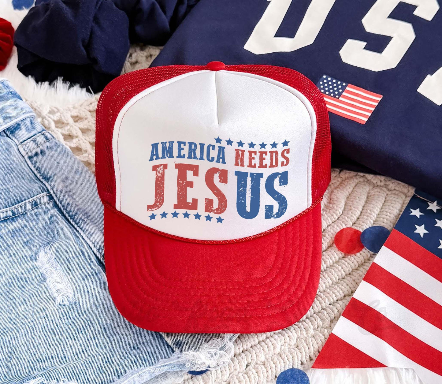 America Needs Jesus Hat, 4th of July Hat, USA Trucker Hat, Patriotic Hat, Summer Hat, Funny Trucker Hat