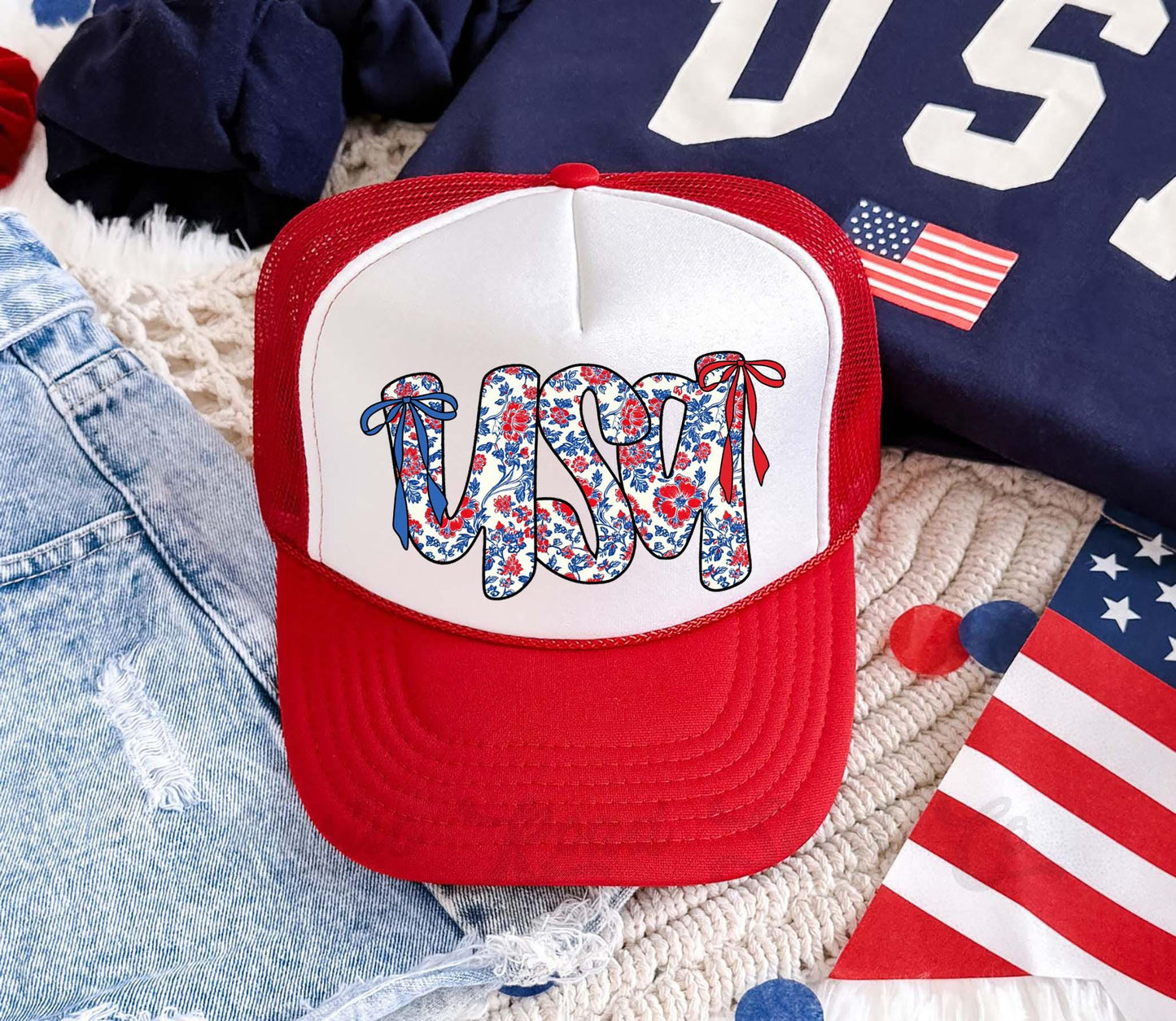 USA Floral Coquette Hat, 4th of July Hat, USA Trucker Hat, Patriotic Hat, Summer Hat, Funny Trucker Hat