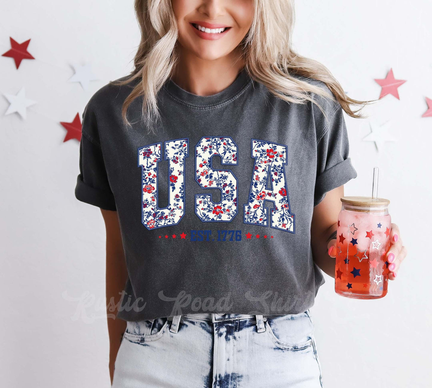 USA Floral Shirt, Fourth of July Shirt, Memorial Day Shirt, Comfort Colors™ Shirt, 4th of July Shirt,