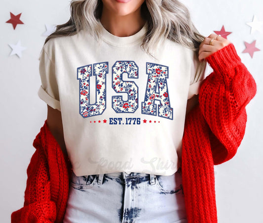 USA Floral Shirt, Fourth of July Shirt, Memorial Day Shirt, Comfort Colors™ Shirt, 4th of July Shirt,