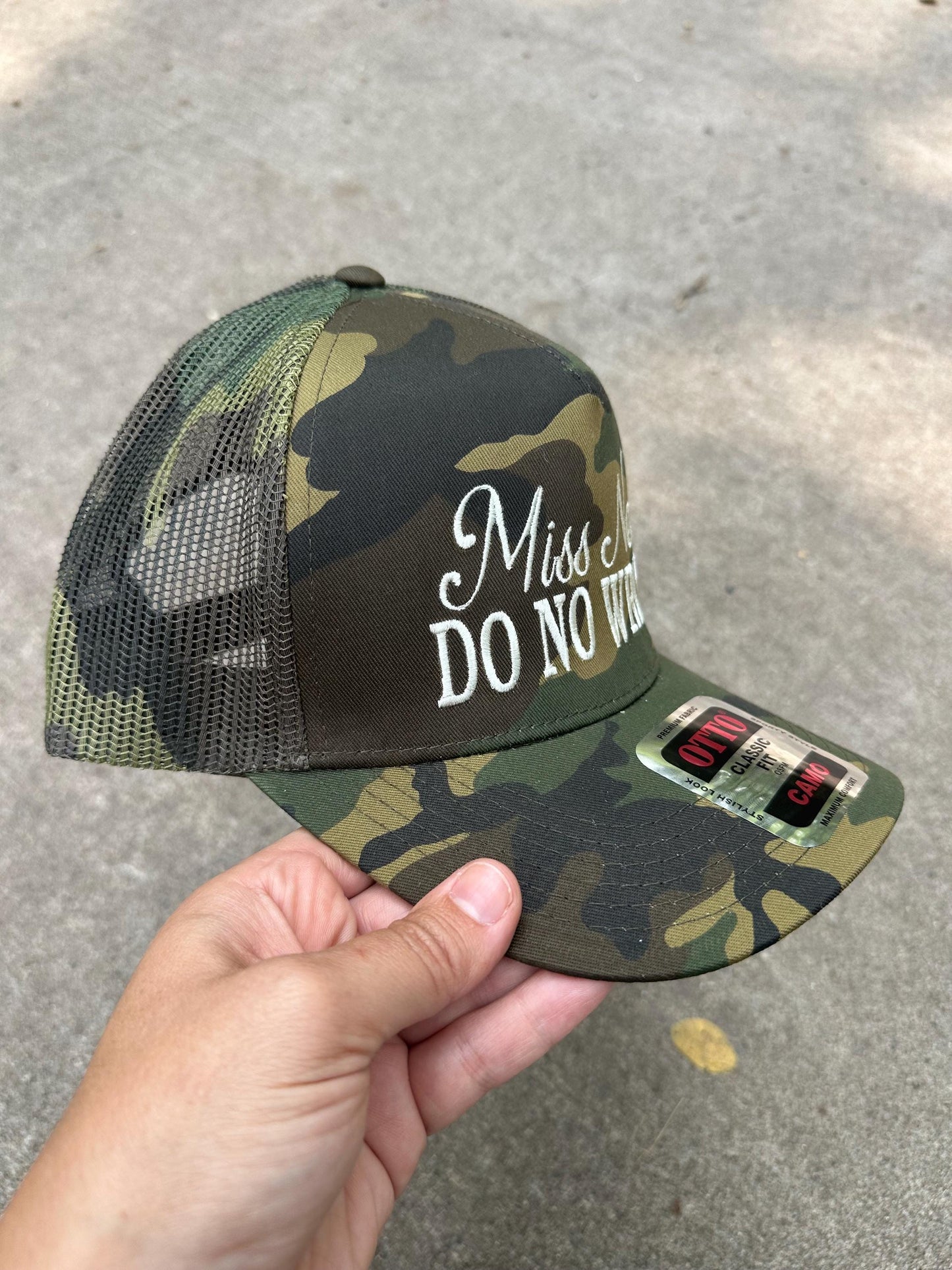 Miss Never Do No Wrong Hat, Camo Embroidered Trucker Hat, Embroidered Team Hat, Custom Trucker Hat