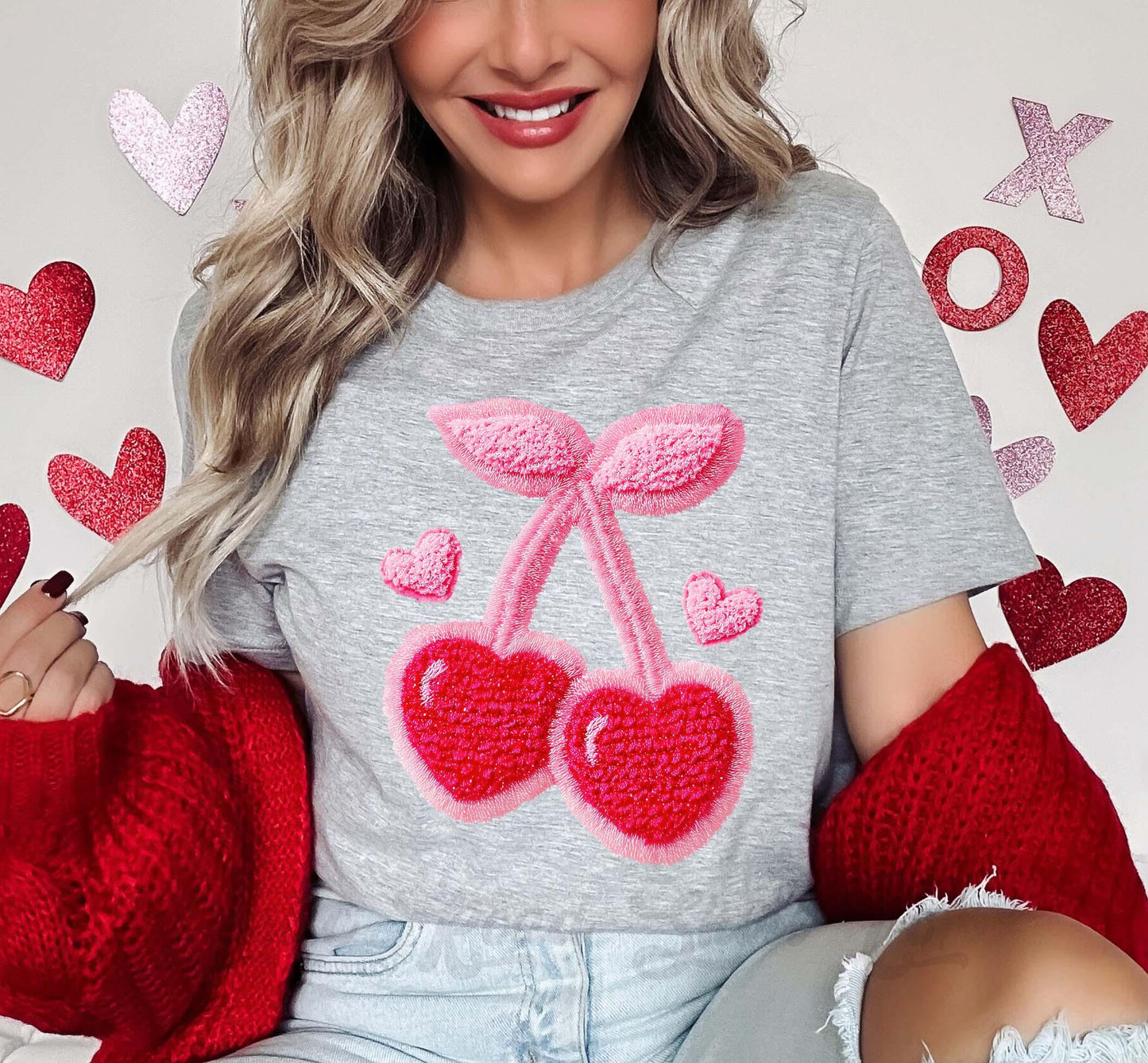Cherry Valentines Shirt, Faux Knit Valentine Shirt, Teacher Valentine Shirt, Girls Valentine Shirt