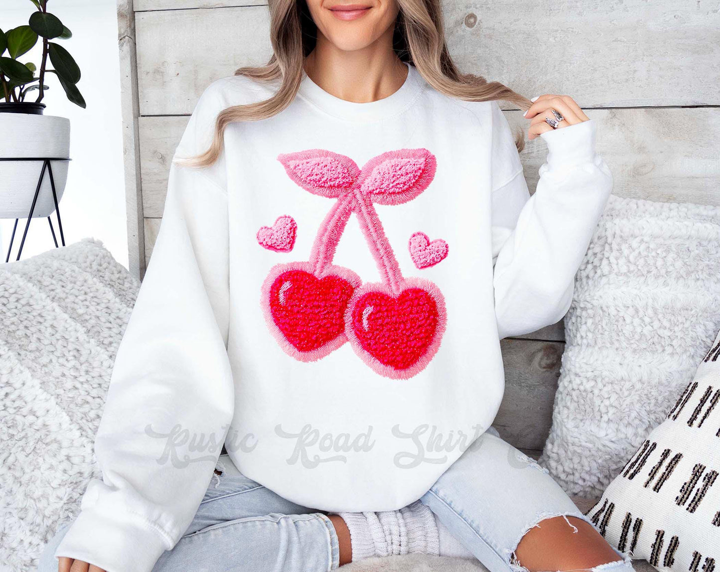 Cherry Valentines Sweatshirt, Faux Yarn Valentines Sweatshirt, Valentines Crewneck, Teacher Valentines Gift