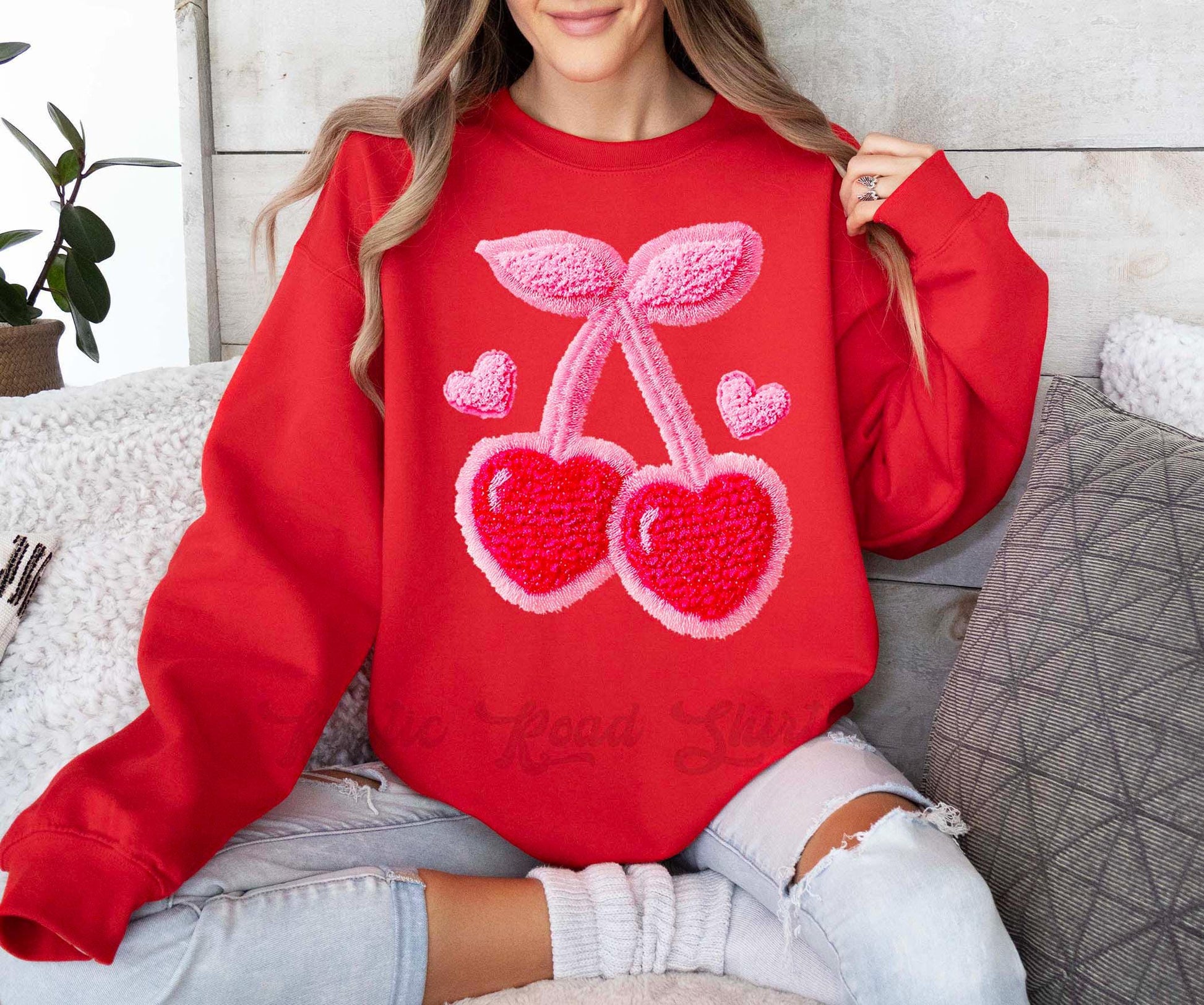 Cherry Valentines Sweatshirt, Faux Yarn Valentines Sweatshirt, Valentines Crewneck, Teacher Valentines Gift