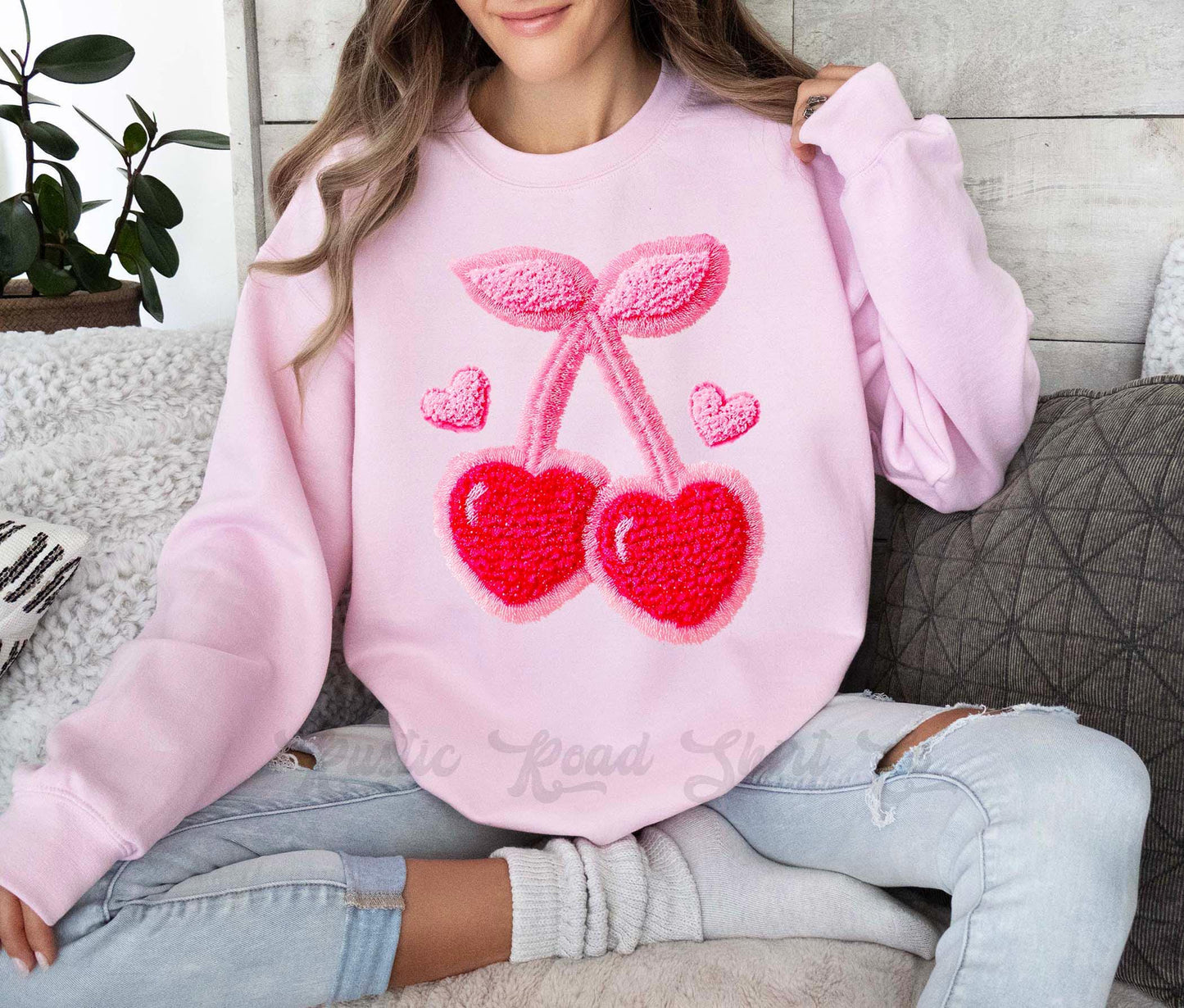 Cherry Valentines Sweatshirt, Faux Yarn Valentines Sweatshirt, Valentines Crewneck, Teacher Valentines Gift