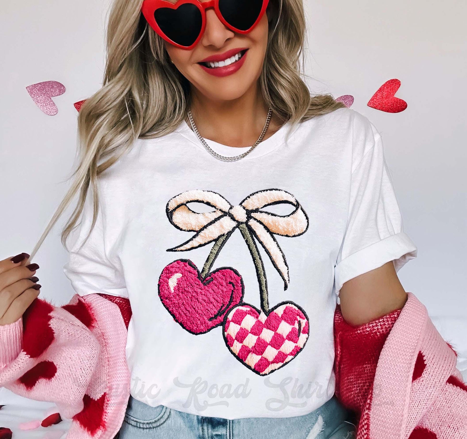 Cherry Valentines Shirt, Faux Yarn Valentine Shirt, Teacher Valentine Shirt, Girls Valentine Shirt