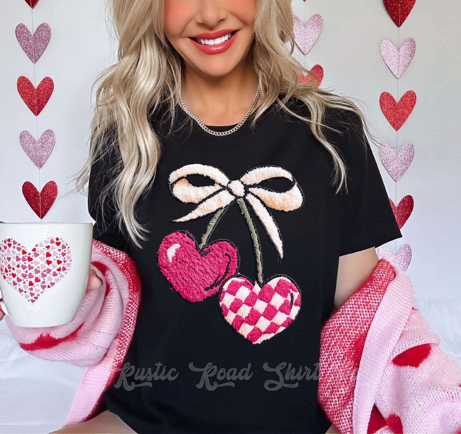 Cherry Valentines Shirt, Faux Yarn Valentine Shirt, Teacher Valentine Shirt, Girls Valentine Shirt