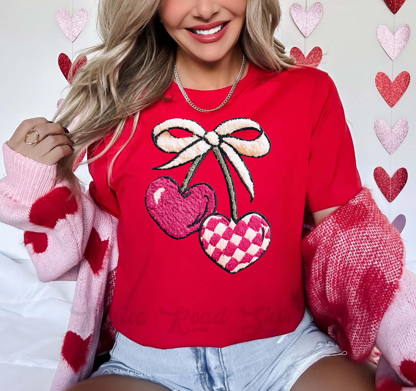Cherry Valentines Shirt, Faux Yarn Valentine Shirt, Teacher Valentine Shirt, Girls Valentine Shirt