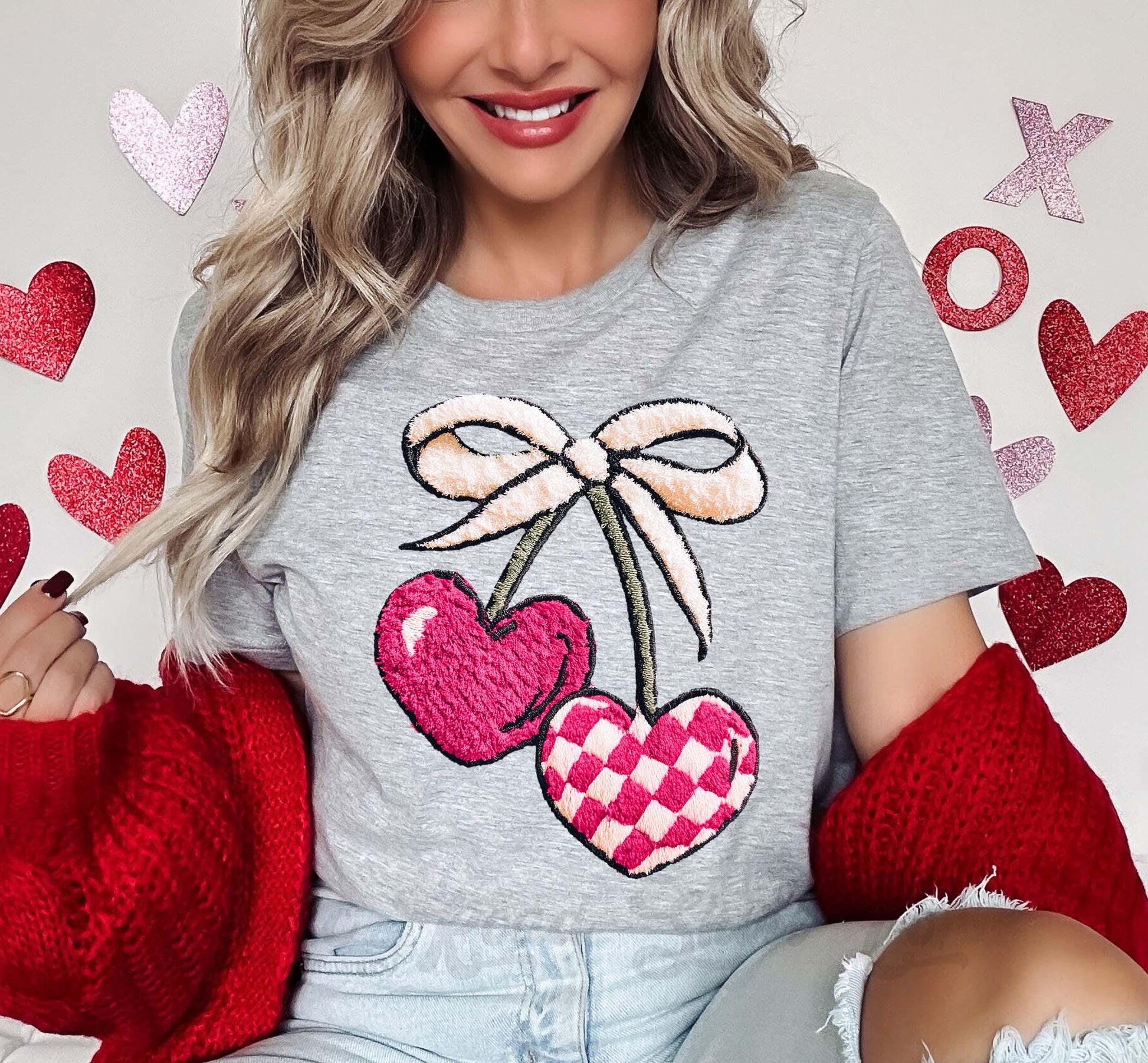Cherry Valentines Shirt, Faux Yarn Valentine Shirt, Teacher Valentine Shirt, Girls Valentine Shirt