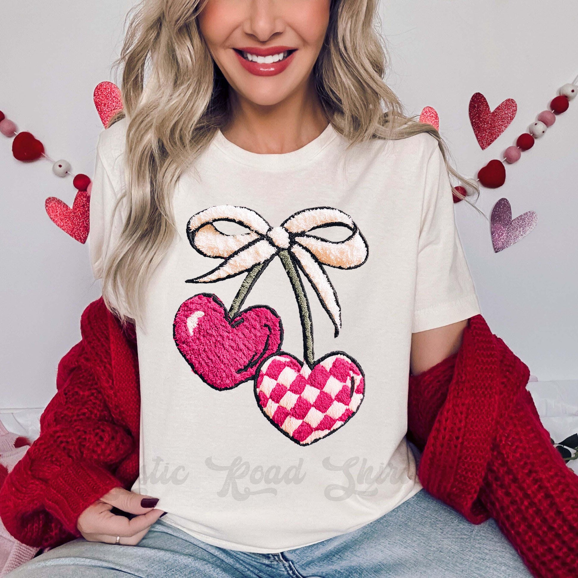 Cherry Valentines Shirt, Faux Yarn Valentine Shirt, Teacher Valentine Shirt, Girls Valentine Shirt