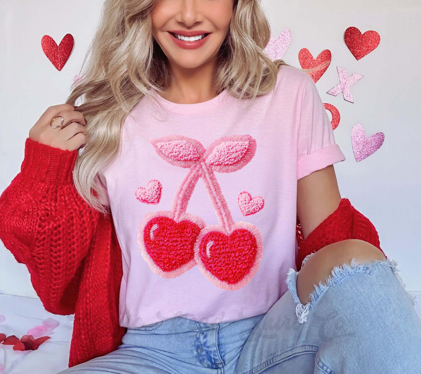 Cherry Valentines Shirt, Faux Knit Valentine Shirt, Teacher Valentine Shirt, Girls Valentine Shirt