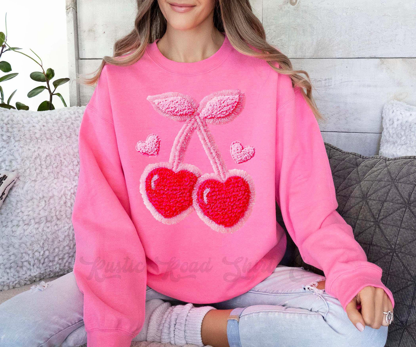Cherry Valentines Sweatshirt, Faux Yarn Valentines Sweatshirt, Valentines Crewneck, Teacher Valentines Gift
