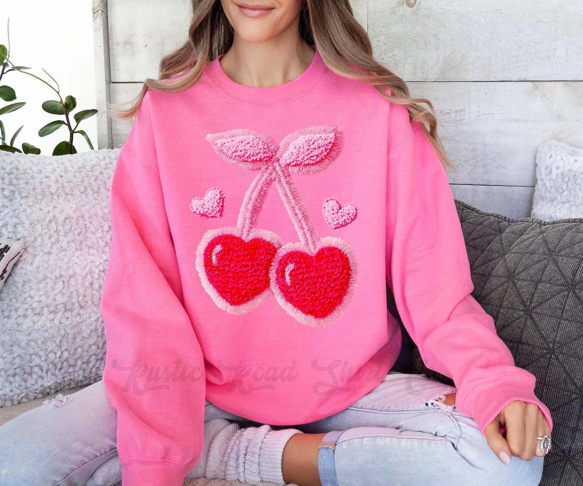 Cherry Valentines Sweatshirt, Faux Yarn Valentines Sweatshirt, Valentines Crewneck, Teacher Valentines Gift