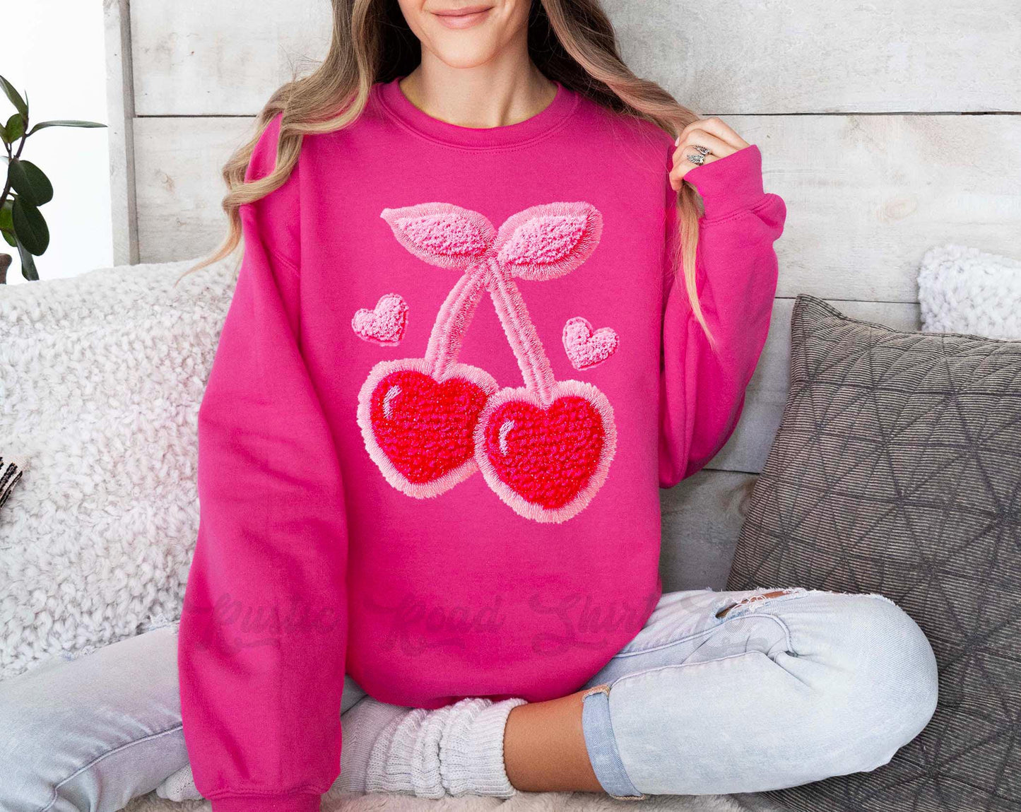 Cherry Valentines Sweatshirt, Faux Yarn Valentines Sweatshirt, Valentines Crewneck, Teacher Valentines Gift