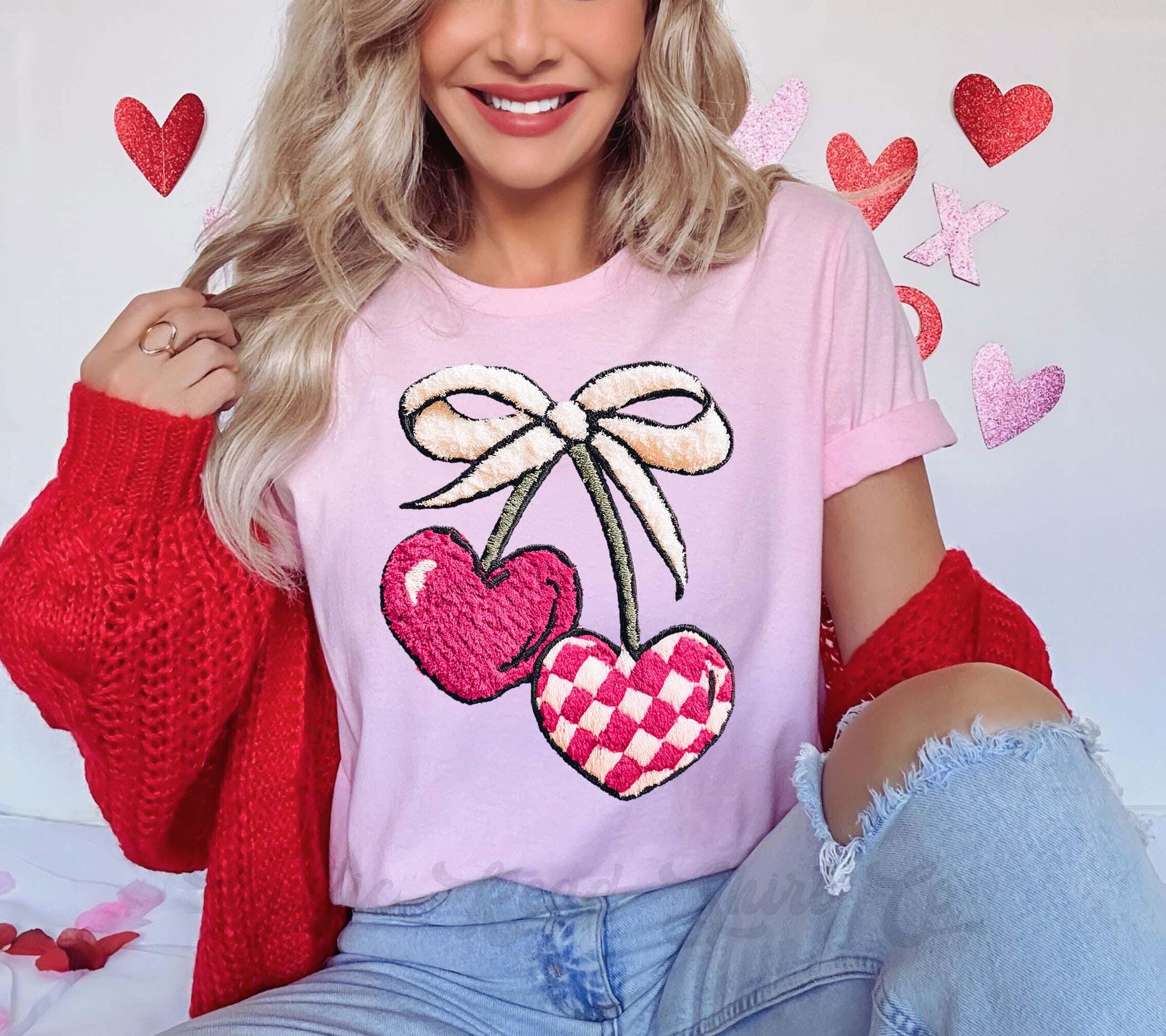 Cherry Valentines Shirt, Faux Yarn Valentine Shirt, Teacher Valentine Shirt, Girls Valentine Shirt