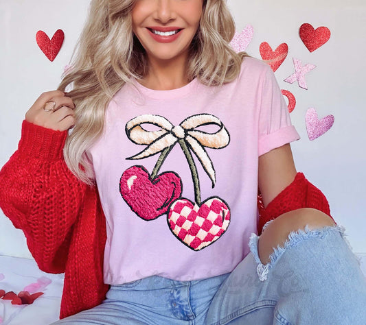 Cherry Valentines Shirt, Faux Yarn Valentine Shirt, Teacher Valentine Shirt, Girls Valentine Shirt