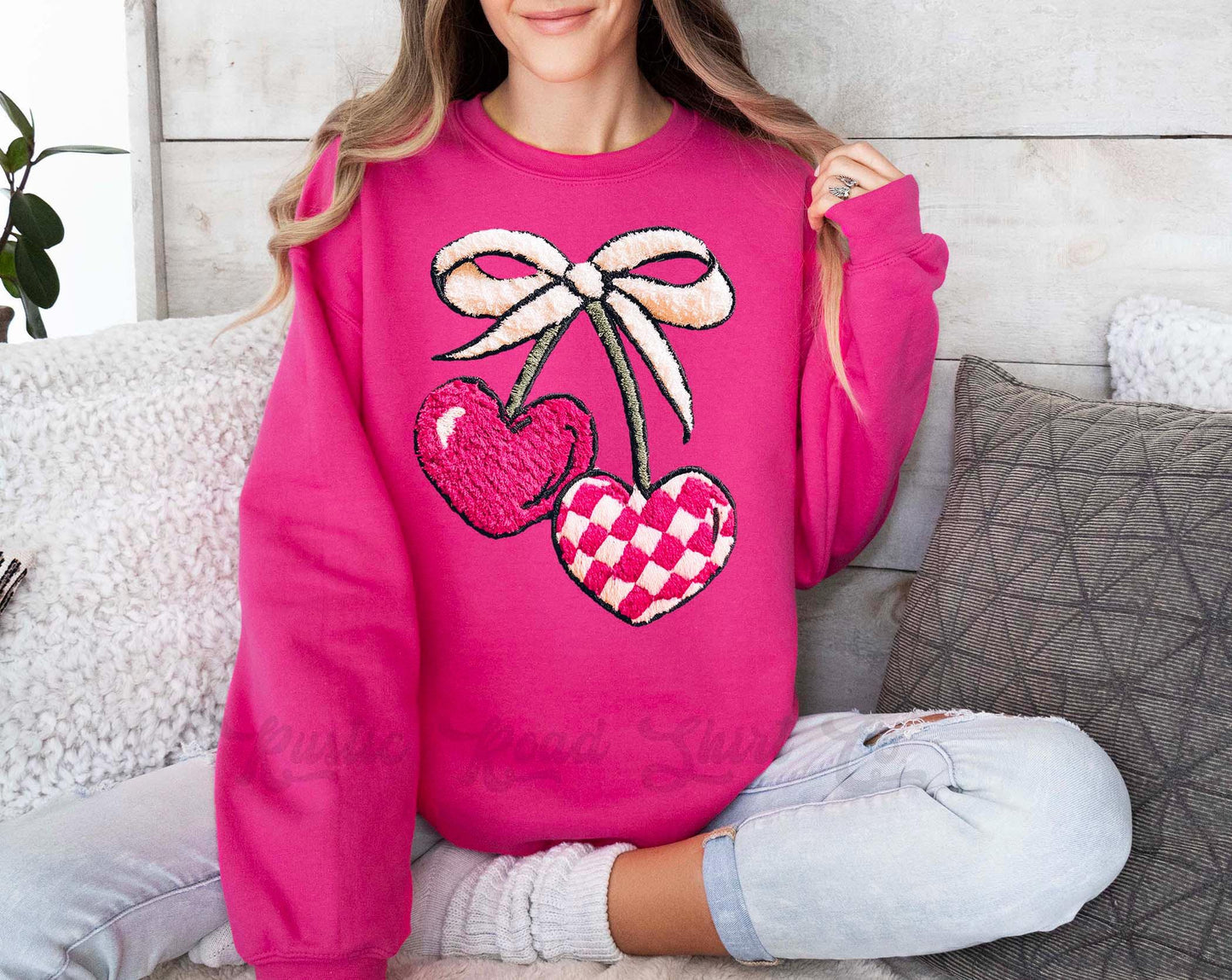 Cherry Valentines Sweatshirt, Faux Yarn Valentines Sweatshirt, Valentines Crewneck, Teacher Valentines Gift