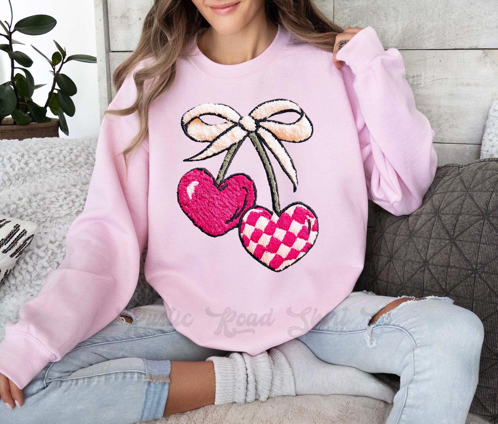 Cherry Valentines Sweatshirt, Faux Yarn Valentines Sweatshirt, Valentines Crewneck, Teacher Valentines Gift