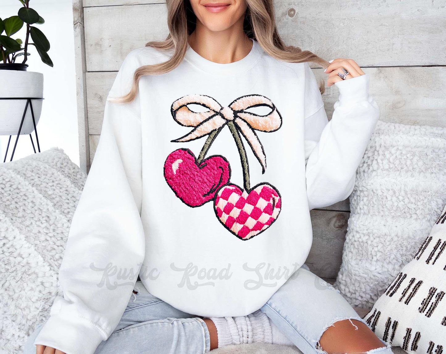 Cherry Valentines Sweatshirt, Faux Yarn Valentines Sweatshirt, Valentines Crewneck, Teacher Valentines Gift