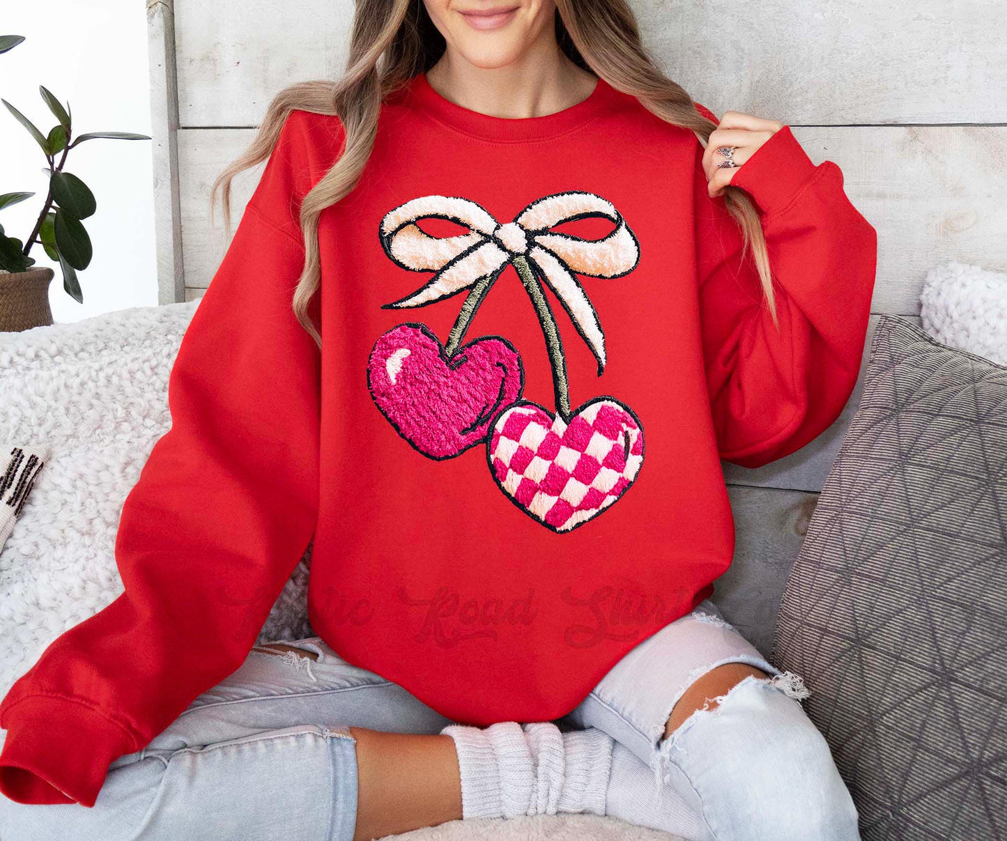 Cherry Valentines Sweatshirt, Faux Yarn Valentines Sweatshirt, Valentines Crewneck, Teacher Valentines Gift
