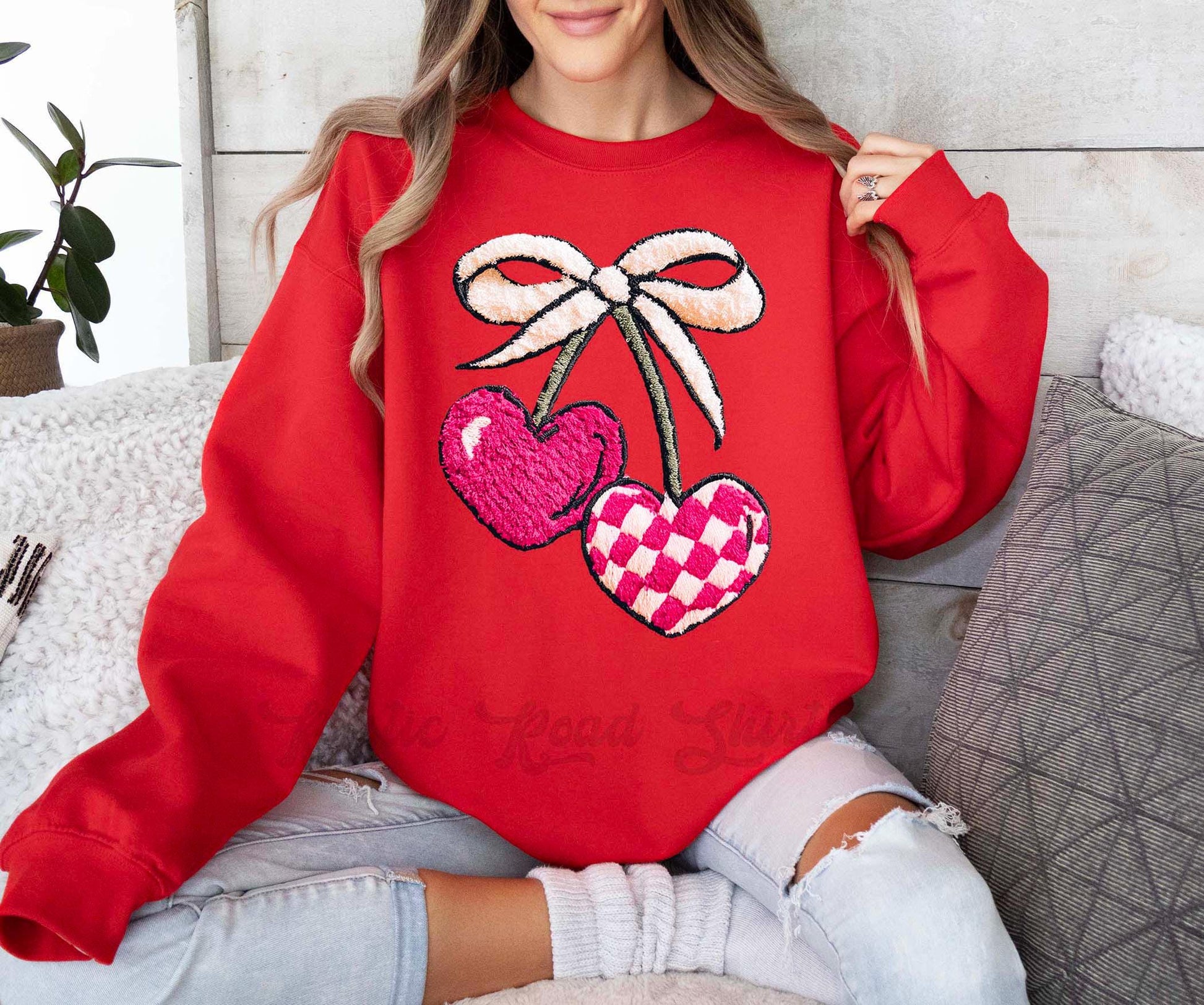 Cherry Valentines Sweatshirt, Faux Yarn Valentines Sweatshirt, Valentines Crewneck, Teacher Valentines Gift