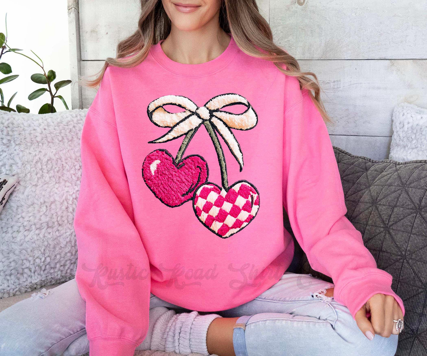 Cherry Valentines Sweatshirt, Faux Yarn Valentines Sweatshirt, Valentines Crewneck, Teacher Valentines Gift