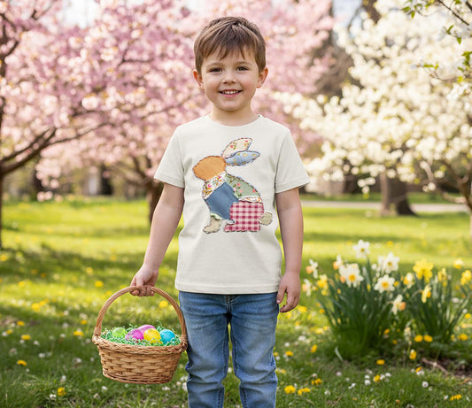 Boys Bunny Easter Shirt, Faux Quilt Easter T-shirt, Toddler Easter Outfit, Easter Basket Gift
