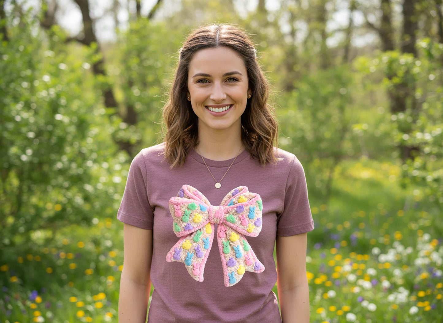 Easter Bow Shirt, Women's Faux Yarn Easter Shirt, Cute Bunny Shirt, Family Easter Shirt