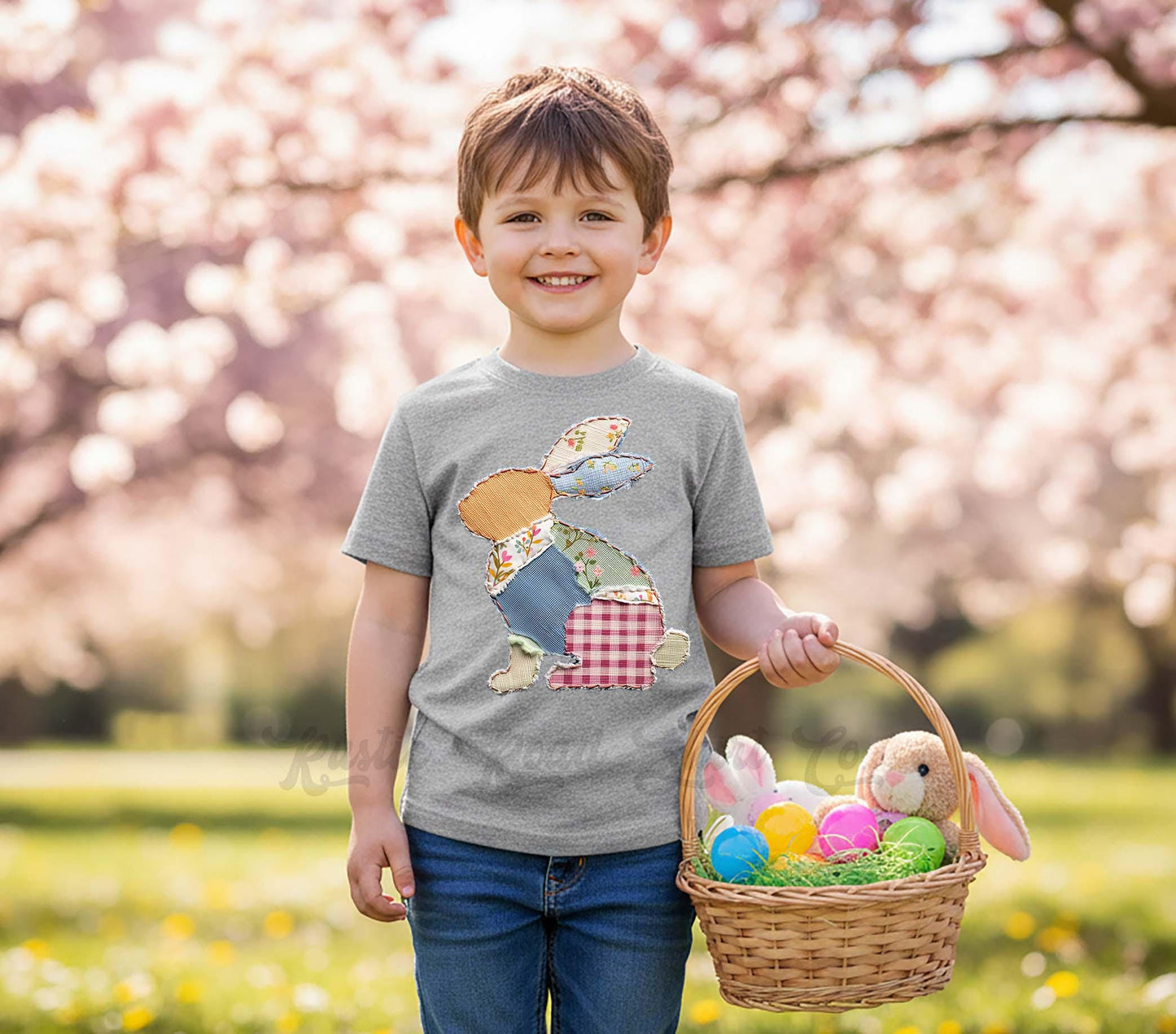 Boys Bunny Easter Shirt, Faux Quilt Easter T-shirt, Toddler Easter Outfit, Easter Basket Gift