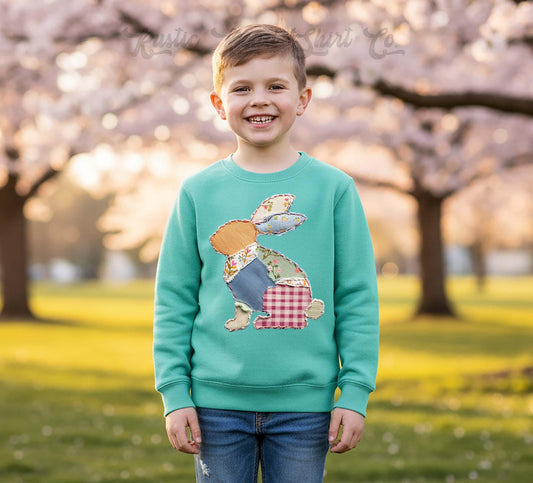 Boys Bunny Easter Sweatshirt, Faux Quilt Easter Sweatshirt, Toddler Easter Outfit, Boy Easter Shirt, Easter Basket Gift